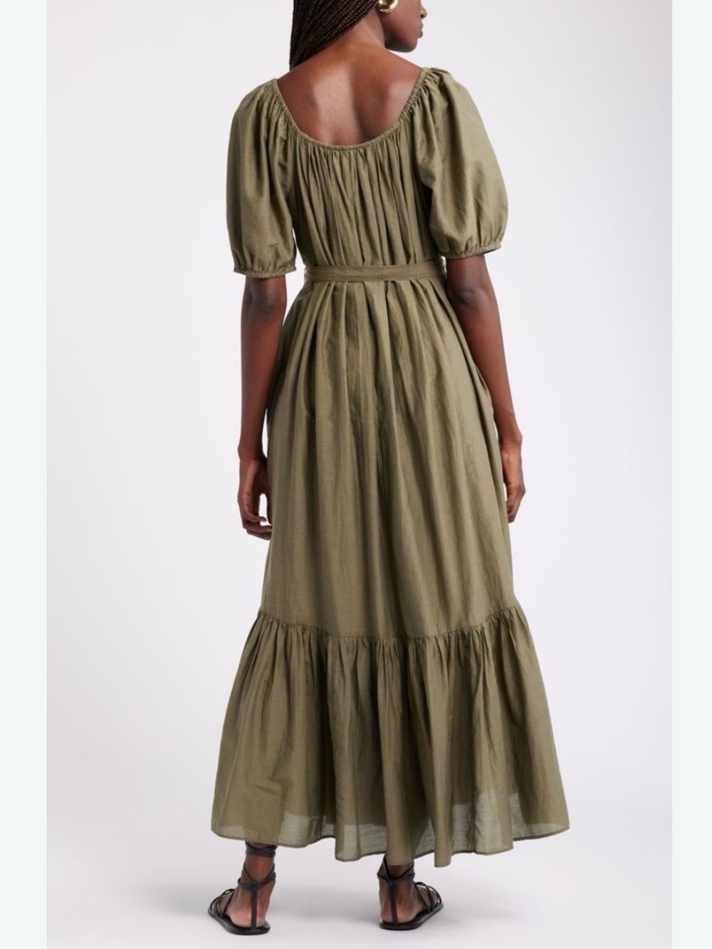 Nordstrom Olive Green Puff Sleeve Tiered Maxi Dress Cotton & Silk